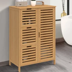 IDMarket Meuble de rangement salle de bain bambou BEA 3 tiroirs avec placard