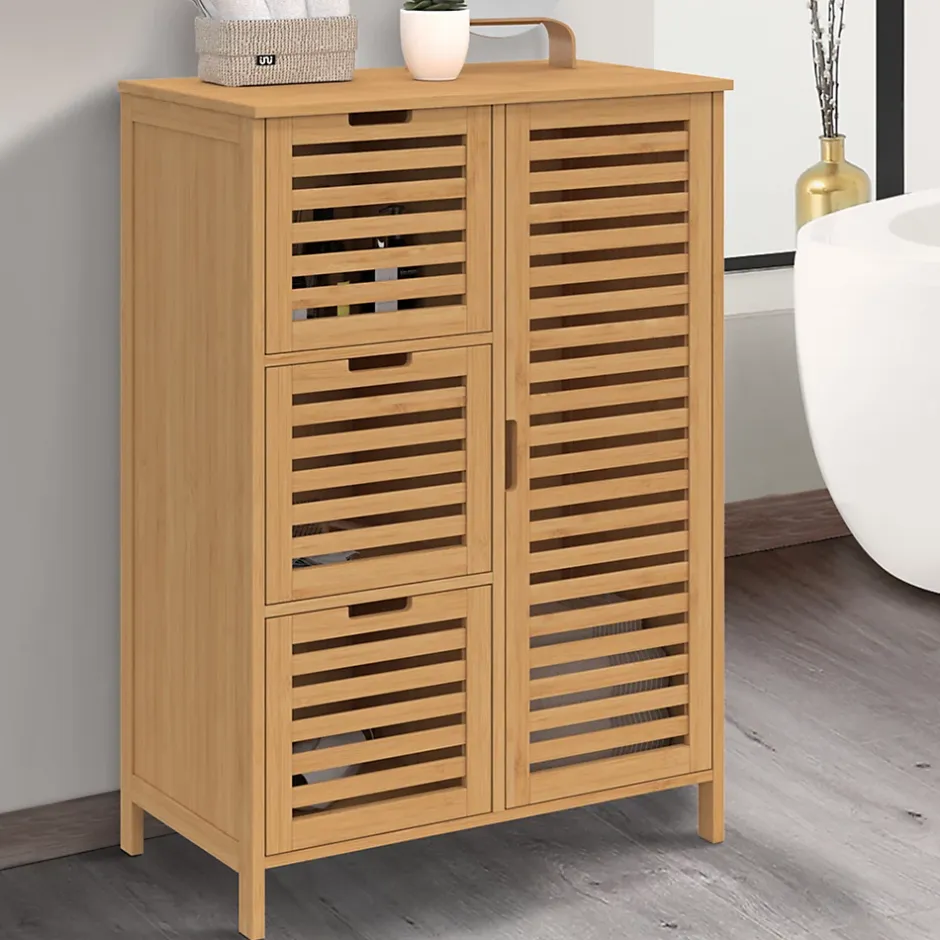 IDMarket Meuble de rangement salle de bain bambou BEA 3 tiroirs avec placard