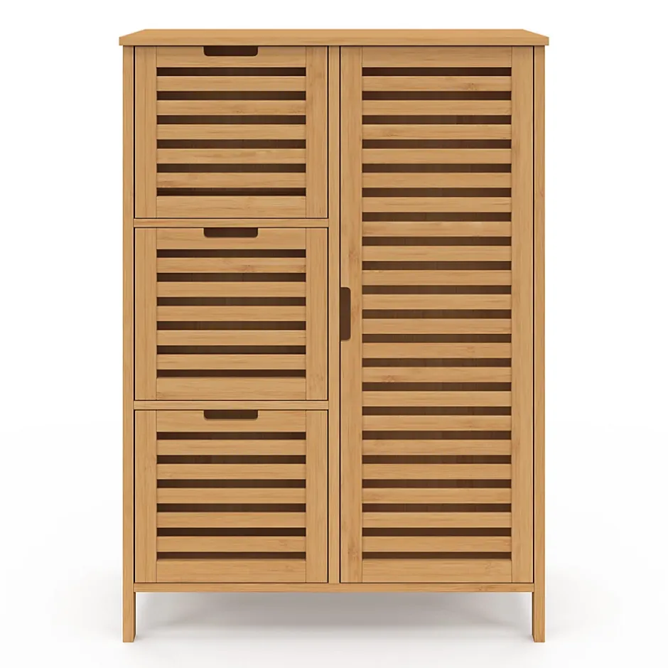 IDMarket Meuble de rangement salle de bain bambou BEA 3 tiroirs avec placard