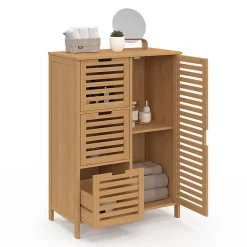 IDMarket Meuble de rangement salle de bain bambou BEA 3 tiroirs avec placard