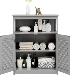 Giantex Meuble de Rangement sur Pieds Armoire de Salle de Bain en MDF avec 2 Portes a Volets et Etagere Reglable