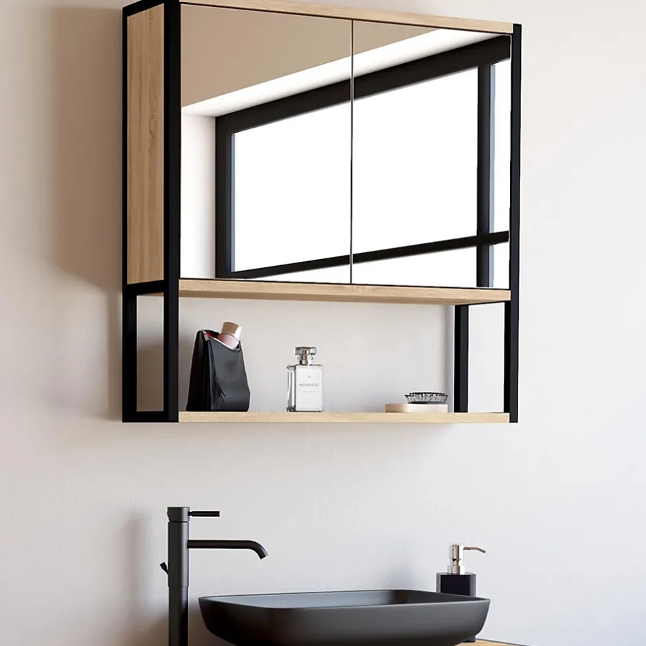 IDMarket Meuble de rangement suspendu avec miroir pour salle de bain DETROIT design industriel