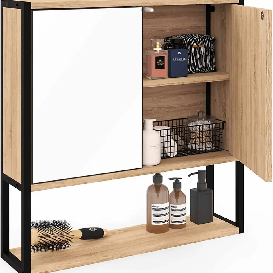 IDMarket Meuble de rangement suspendu avec miroir pour salle de bain DETROIT design industriel