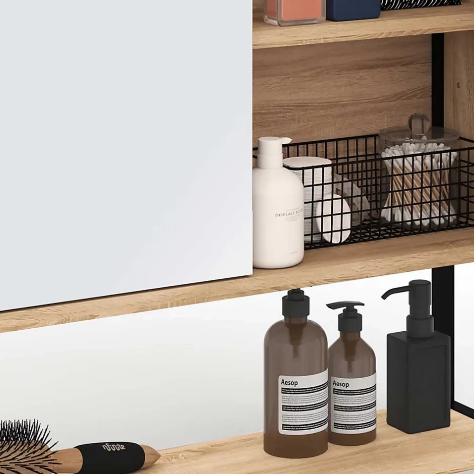 IDMarket Meuble de rangement suspendu avec miroir pour salle de bain DETROIT design industriel