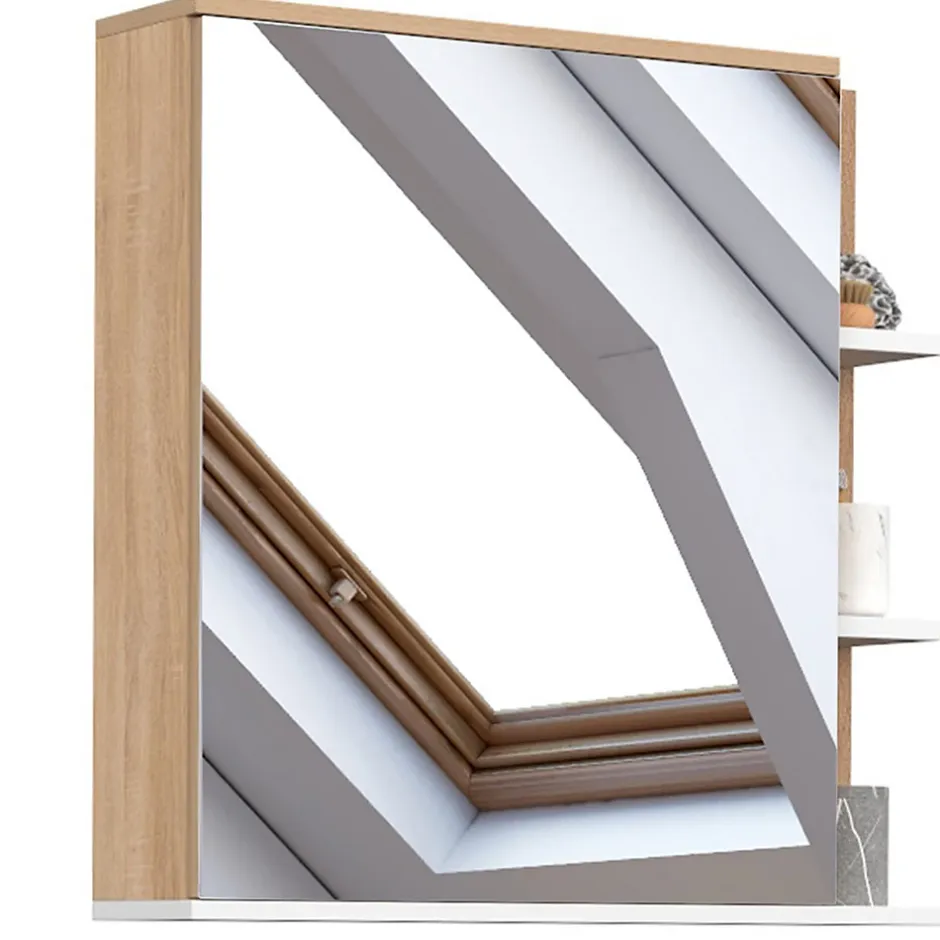 IDMarket Meuble de rangement suspendu avec miroir et étagères pour salle de bain TOMI façon hêtre et blanc