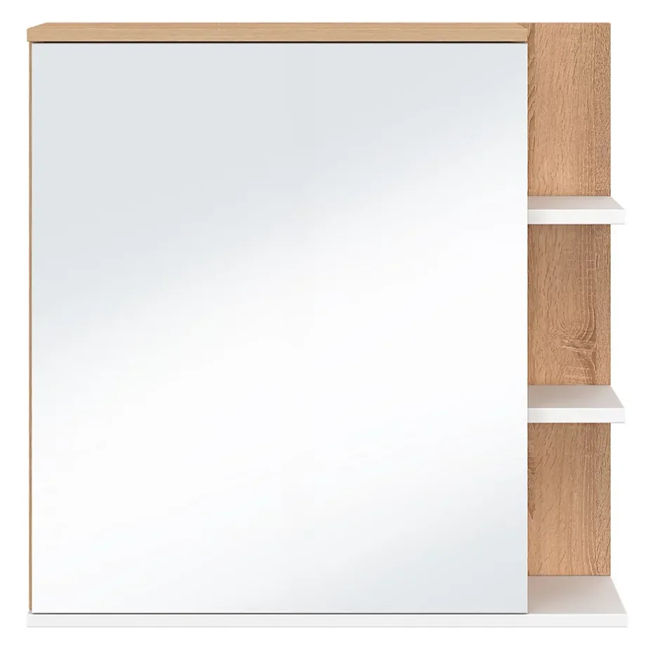 IDMarket Meuble de rangement suspendu avec miroir et étagères pour salle de bain TOMI façon hêtre et blanc