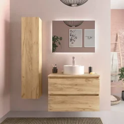 Planète Bain Meuble de salle de bain - 80 cm - Avec vasque à poser - Effet chêne brut - A suspendre - KARAIB* Meuble Vasque