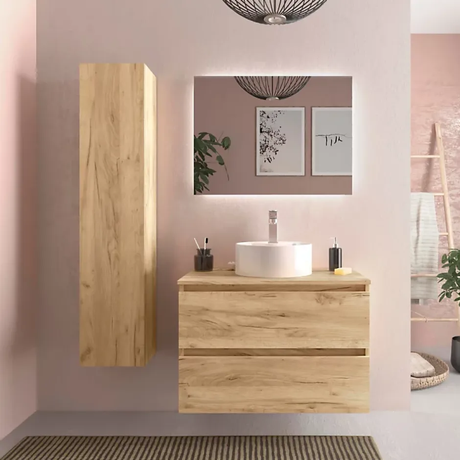 Planète Bain Meuble de salle de bain - 80 cm - Avec vasque à poser - Effet chêne brut - A suspendre - KARAIB* Meuble Vasque