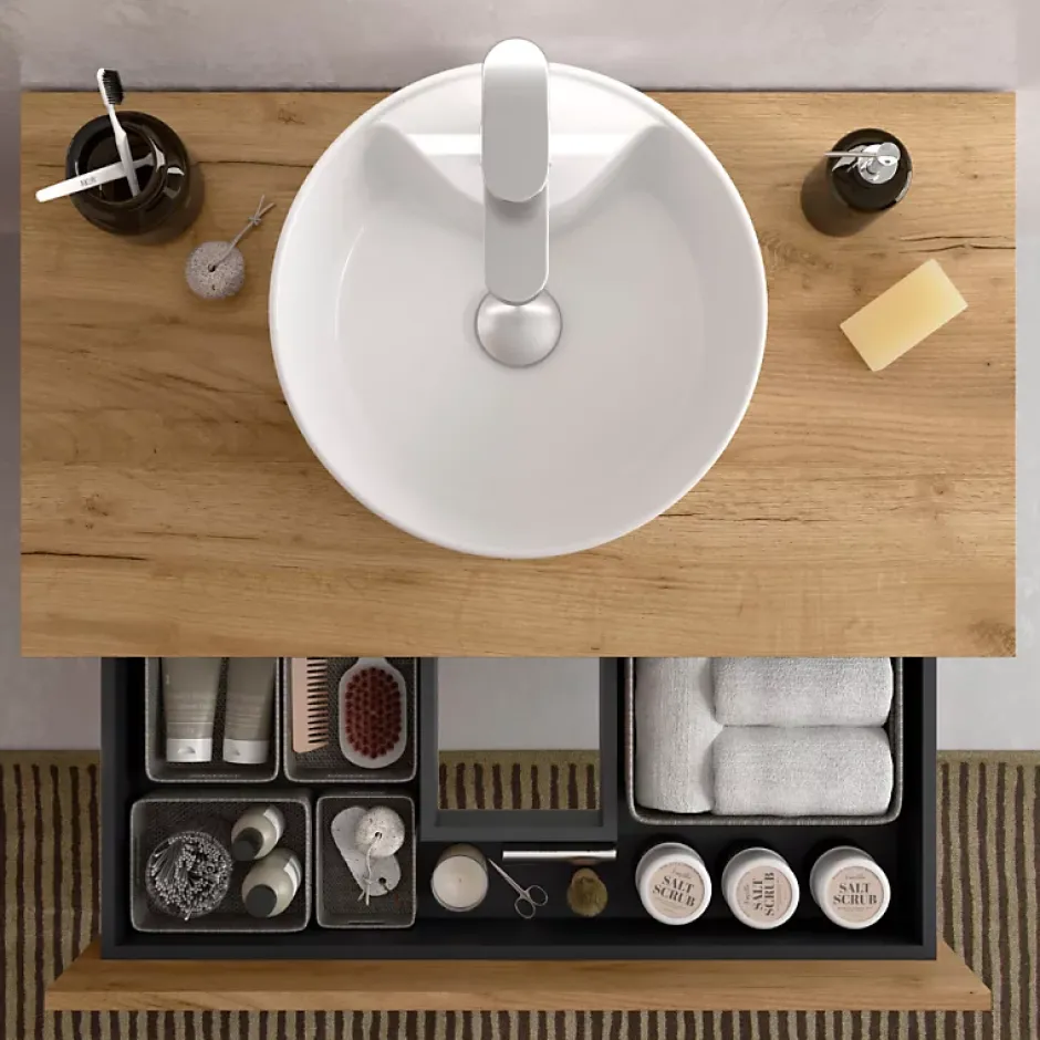 Planète Bain Meuble de salle de bain - 80 cm - Avec vasque à poser - Effet chêne brut - A suspendre - KARAIB* Meuble Vasque