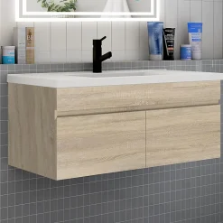 AICA Sanitaire Meuble de salle de bain 100 cm avec vasque suspendu 2 portes, meuble bois clair* Meuble Vasque