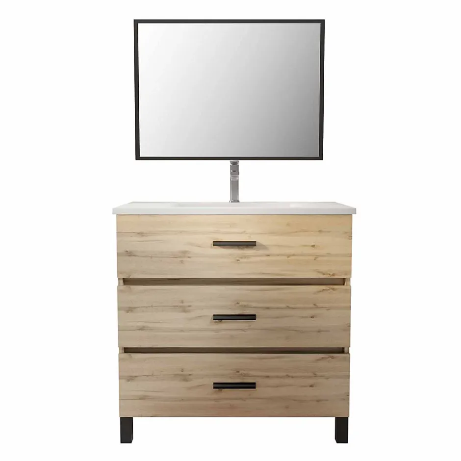 Aurlane Meuble de salle de bain 80 cm - Chêne industriel - 3 Tiroirs - Vasque et Miroir* Ensemble Meuble De Salle De Bains