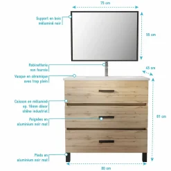 Aurlane Meuble de salle de bain 80 cm - Chêne industriel - 3 Tiroirs - Vasque et Miroir* Ensemble Meuble De Salle De Bains