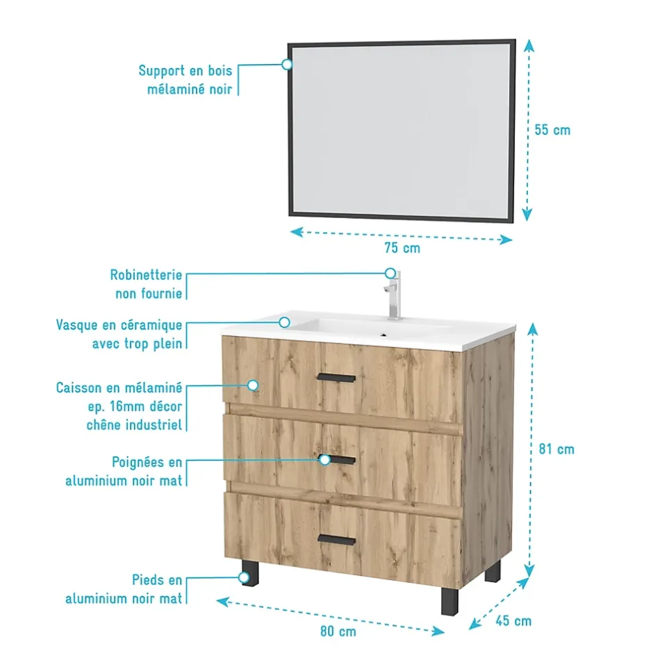Aurlane Meuble de salle de bain 80 cm - Chêne industriel - 3 Tiroirs - Vasque et Miroir* Ensemble Meuble De Salle De Bains