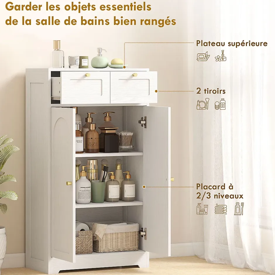 Homcom Meuble de salle de bain - 2 tiroirs, 2 portes, étagères réglables - dim. 60 x 30 x 108 cm - blanc