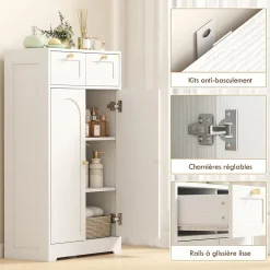 Homcom Meuble de salle de bain - 2 tiroirs, 2 portes, étagères réglables - dim. 60 x 30 x 108 cm - blanc