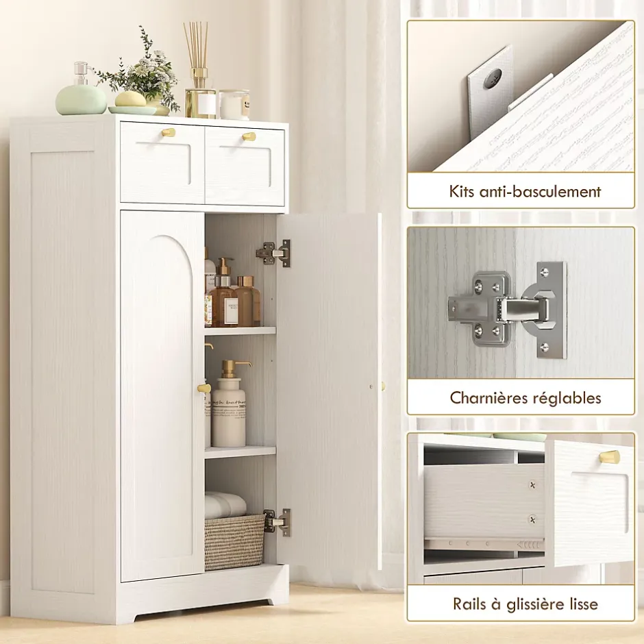 Homcom Meuble de salle de bain - 2 tiroirs, 2 portes, étagères réglables - dim. 60 x 30 x 108 cm - blanc
