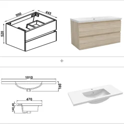 AICA Sanitaire Meuble de salle de bain avec lavabo, 100 cm, 2 tiroirs avec fermeture amortie, meuble suspendu chêne* Meuble Vasque