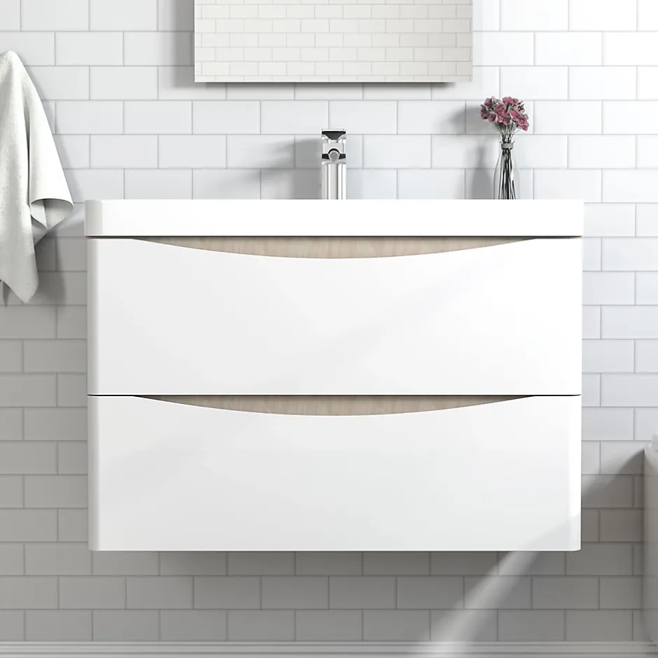 AICA Sanitaire Meuble de salle de bain avec vasque 80 cm, meuble blanc et bois avec 2 tiroirs, meuble démonté* Meuble Vasque