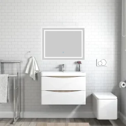 AICA Sanitaire Meuble de salle de bain avec vasque 80 cm, meuble blanc et bois avec 2 tiroirs, meuble démonté* Meuble Vasque