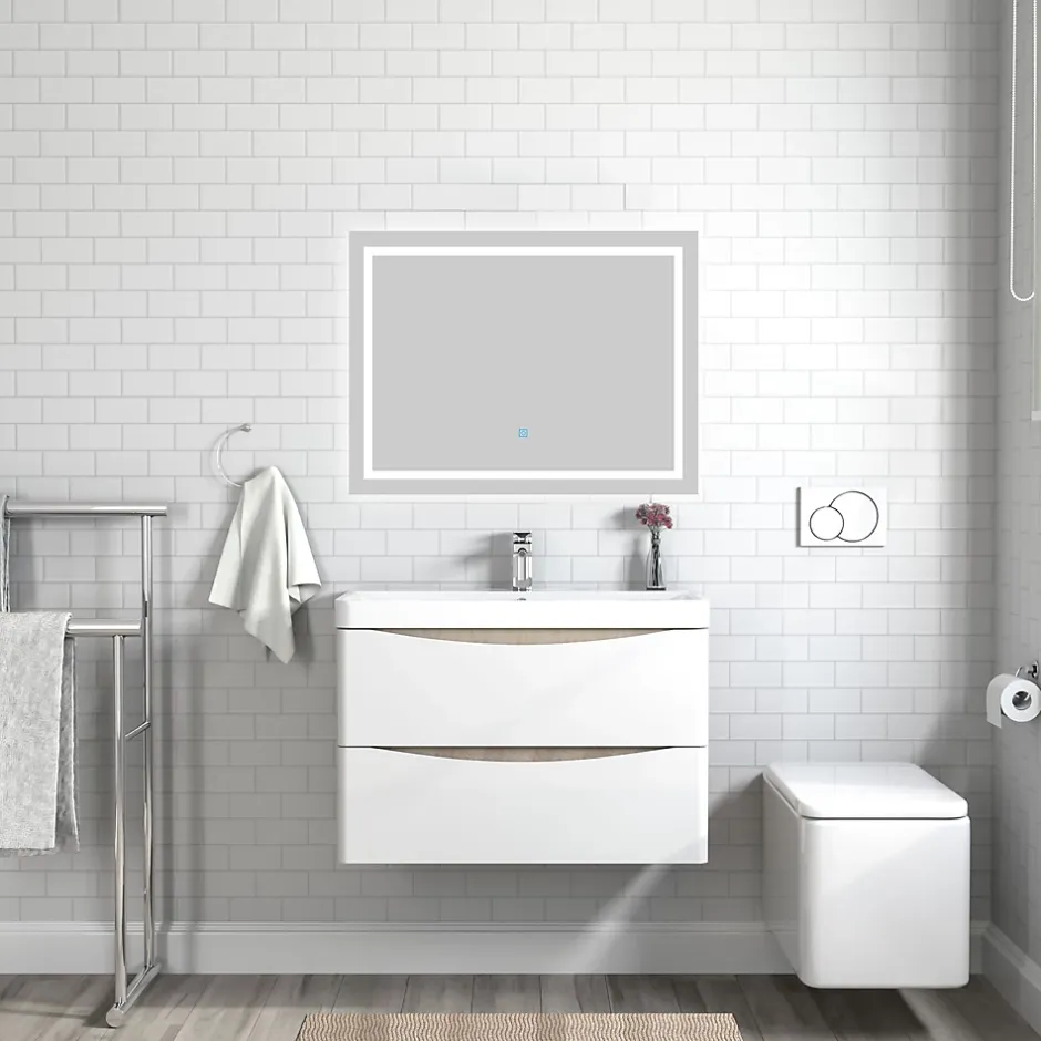 AICA Sanitaire Meuble de salle de bain avec vasque 80 cm, meuble blanc et bois avec 2 tiroirs, meuble démonté* Meuble Vasque