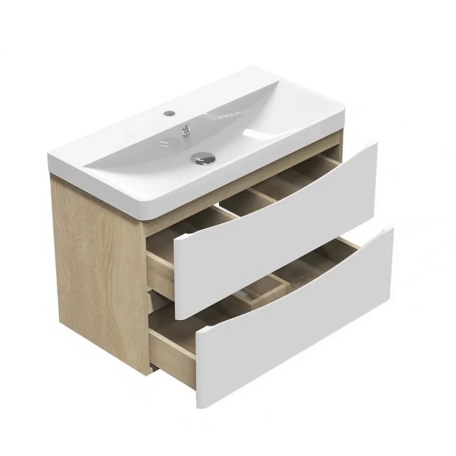 AICA Sanitaire Meuble de salle de bain avec vasque 80 cm, meuble blanc et bois avec 2 tiroirs, meuble démonté* Meuble Vasque