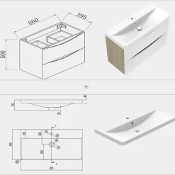 AICA Sanitaire Meuble de salle de bain avec vasque 80 cm, meuble blanc et bois avec 2 tiroirs, meuble démonté* Meuble Vasque