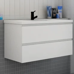 AICA Sanitaire Meuble de salle de bain avec lavabo, 100 cm, 2 tiroirs avec fermeture amortie, meuble suspendu blanc