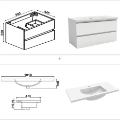 AICA Sanitaire Meuble de salle de bain avec lavabo, 100 cm, 2 tiroirs avec fermeture amortie, meuble suspendu blanc