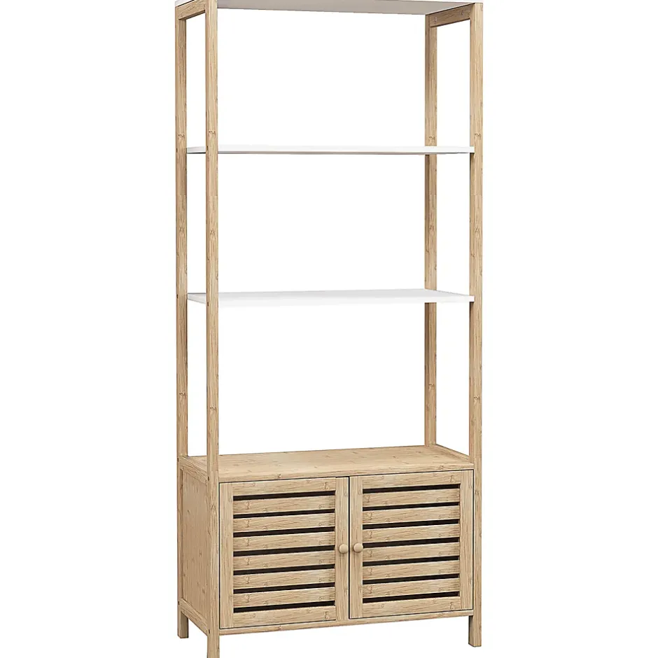 Homcom Meuble de Salle de Bain avec 3 étagères en Bambou 1 Placard avec Portes à Lattes 63 x 30 x 138 cm Bois Naturel et Blanc* Etagère Salle De Bains