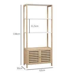 Homcom Meuble de Salle de Bain avec 3 étagères en Bambou 1 Placard avec Portes à Lattes 63 x 30 x 138 cm Bois Naturel et Blanc* Etagère Salle De Bains