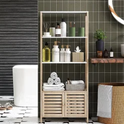 Homcom Meuble de Salle de Bain avec 3 étagères en Bambou 1 Placard avec Portes à Lattes 63 x 30 x 138 cm Bois Naturel et Blanc* Etagère Salle De Bains