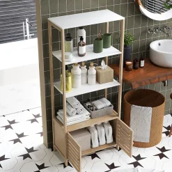 Homcom Meuble de Salle de Bain avec 3 étagères en Bambou 1 Placard avec Portes à Lattes 63 x 30 x 138 cm Bois Naturel et Blanc* Etagère Salle De Bains