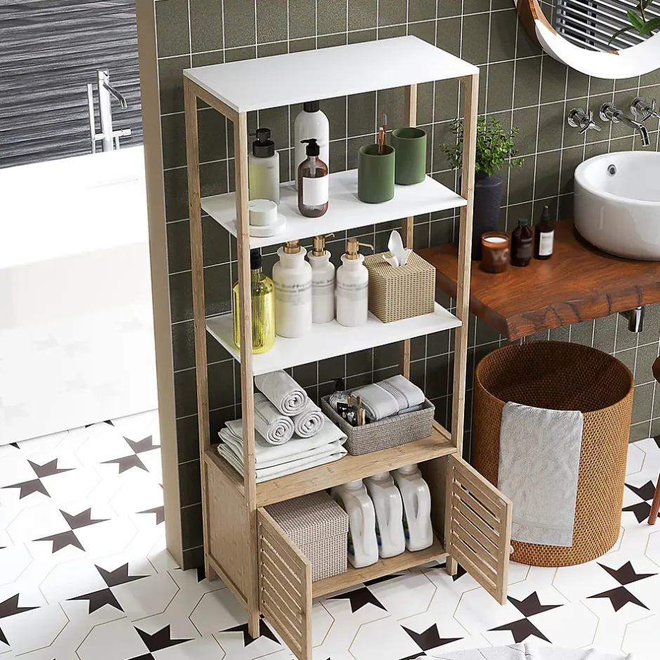 Homcom Meuble de Salle de Bain avec 3 étagères en Bambou 1 Placard avec Portes à Lattes 63 x 30 x 138 cm Bois Naturel et Blanc* Etagère Salle De Bains