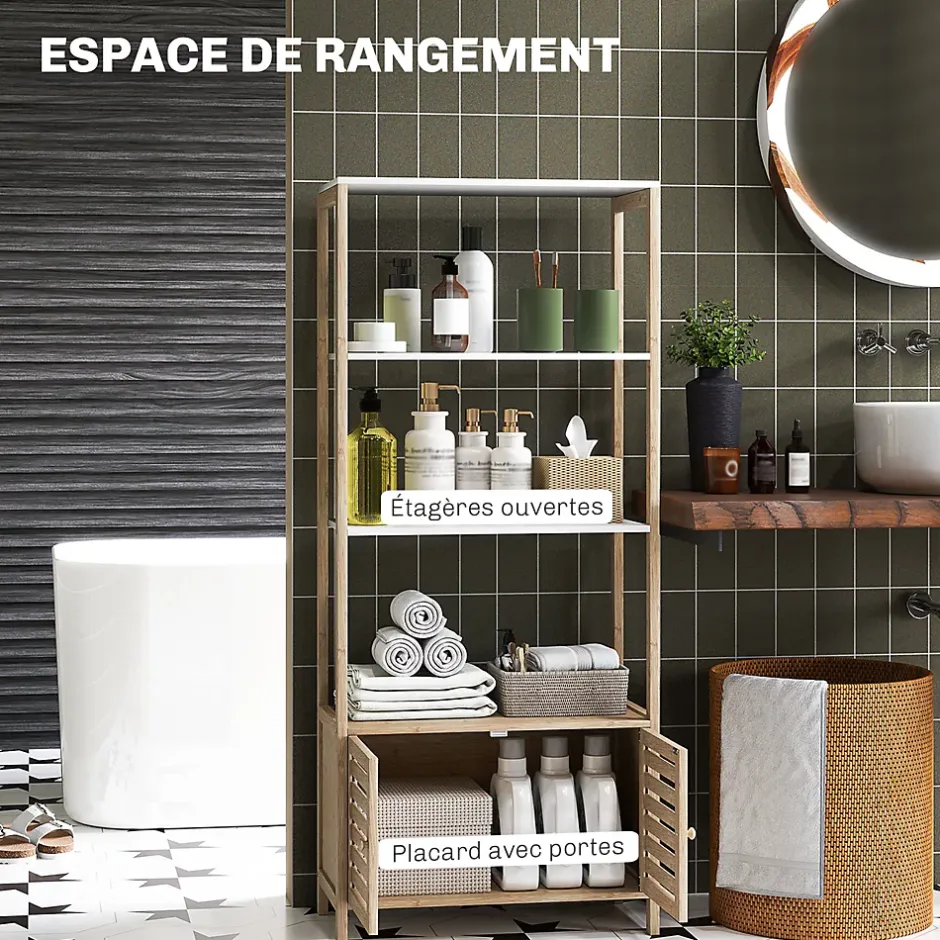 Homcom Meuble de Salle de Bain avec 3 étagères en Bambou 1 Placard avec Portes à Lattes 63 x 30 x 138 cm Bois Naturel et Blanc* Etagère Salle De Bains