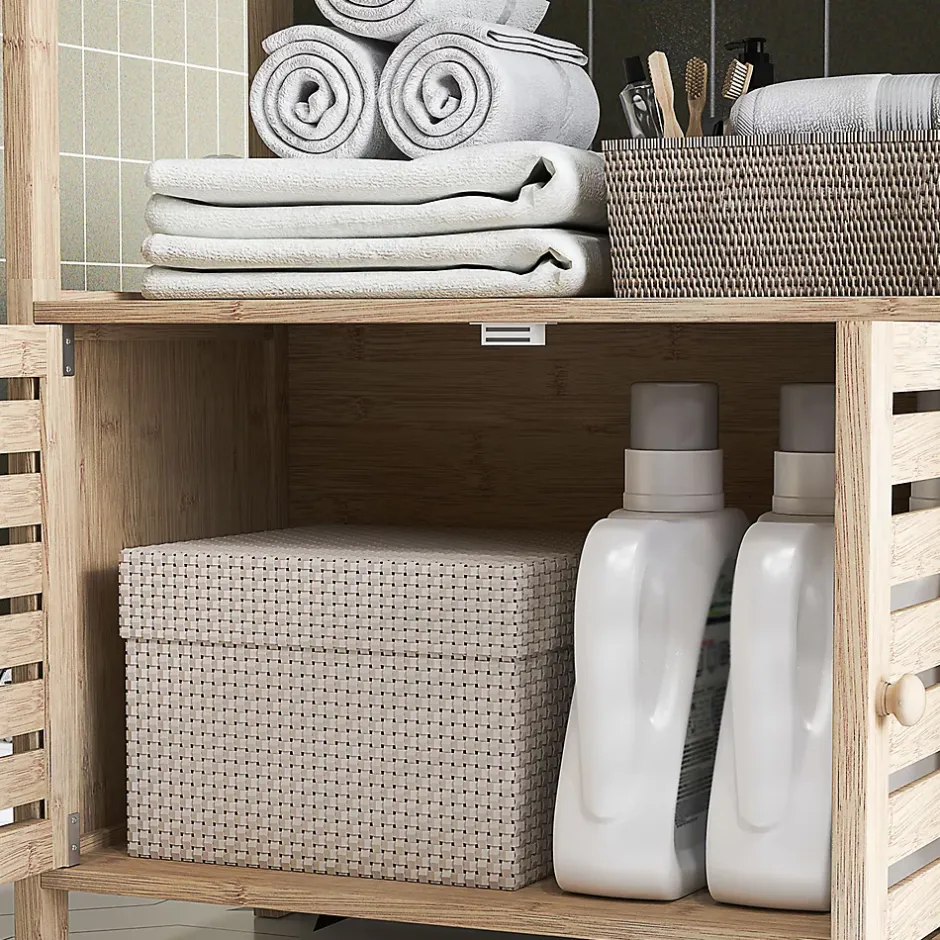Homcom Meuble de Salle de Bain avec 3 étagères en Bambou 1 Placard avec Portes à Lattes 63 x 30 x 138 cm Bois Naturel et Blanc* Etagère Salle De Bains