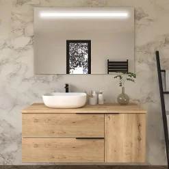 Cosyneo Meuble de salle de bain avec vasque à poser arrondie KING et miroir Led STAM - Roble (chêne clair) - 120cm