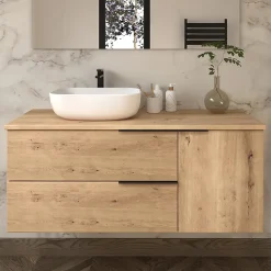 Cosyneo Meuble de salle de bain avec vasque à poser arrondie KING et miroir Led STAM - Roble (chêne clair) - 120cm