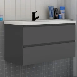 AICA Sanitaire Meuble de salle de bain avec lavabo, 100 cm, 2 tiroirs avec fermeture amortie, meuble suspendu anthracite* Meuble Vasque