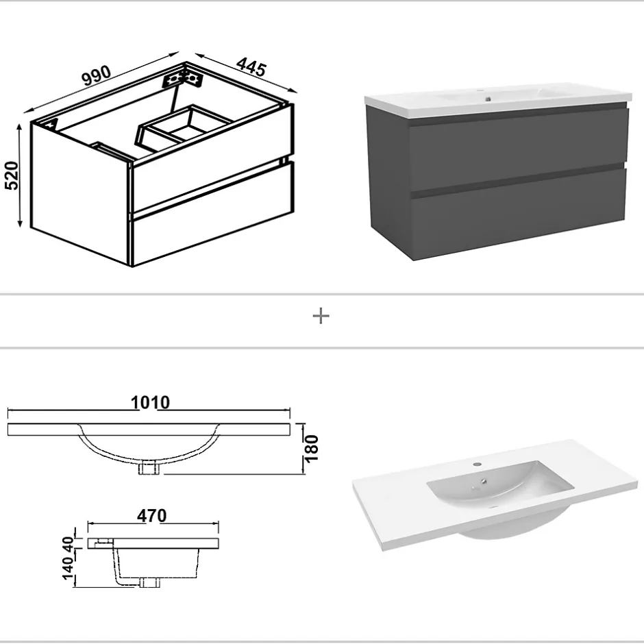 AICA Sanitaire Meuble de salle de bain avec lavabo, 100 cm, 2 tiroirs avec fermeture amortie, meuble suspendu anthracite* Meuble Vasque