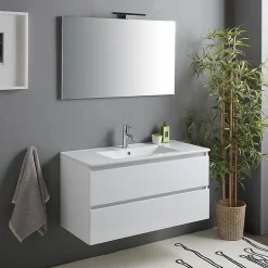 Kiamami Valentina Meuble De Salle De Bain Avec Tiroirs 100Cm Lavabo Et Miroir Blanc Brillant - Benaco