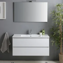 Kiamami Valentina Meuble De Salle De Bain Avec Tiroirs 100Cm Lavabo Et Miroir Blanc Brillant - Benaco