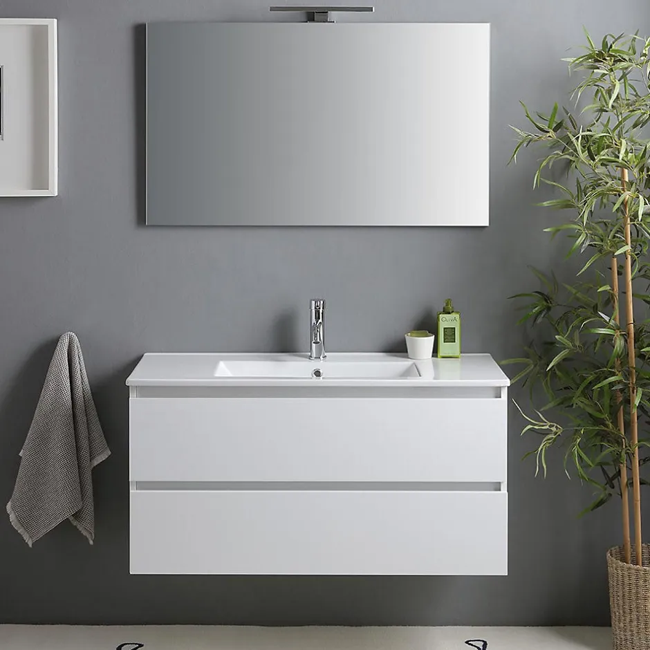 Kiamami Valentina Meuble De Salle De Bain Avec Tiroirs 100Cm Lavabo Et Miroir Blanc Brillant - Benaco