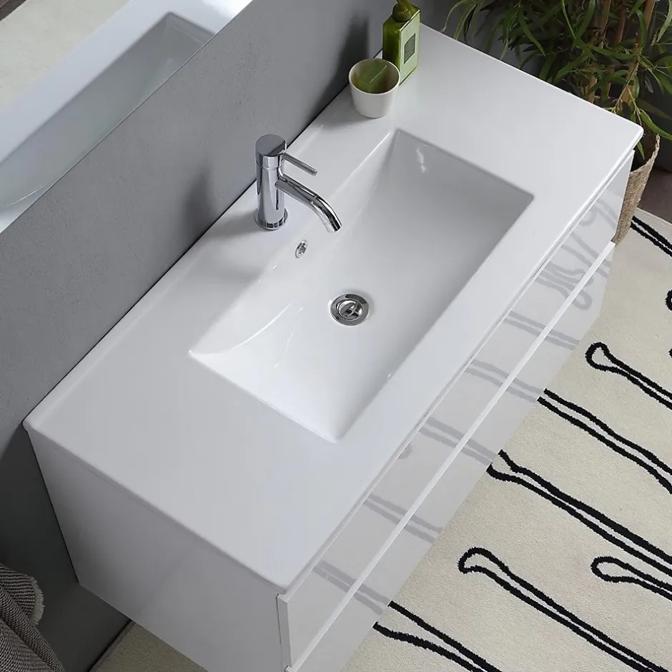 Kiamami Valentina Meuble De Salle De Bain Avec Tiroirs 100Cm Lavabo Et Miroir Blanc Brillant - Benaco