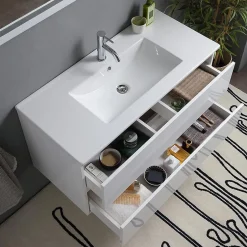 Kiamami Valentina Meuble De Salle De Bain Avec Tiroirs 100Cm Lavabo Et Miroir Blanc Brillant - Benaco