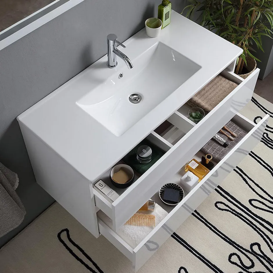 Kiamami Valentina Meuble De Salle De Bain Avec Tiroirs 100Cm Lavabo Et Miroir Blanc Brillant - Benaco