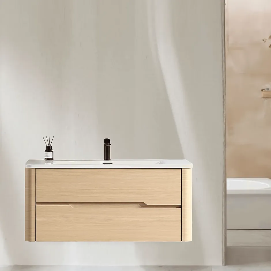 Jindoli Meuble de salle de bain avec vasque 100 cm effet chêne naturel Aquabale* Meuble Vasque