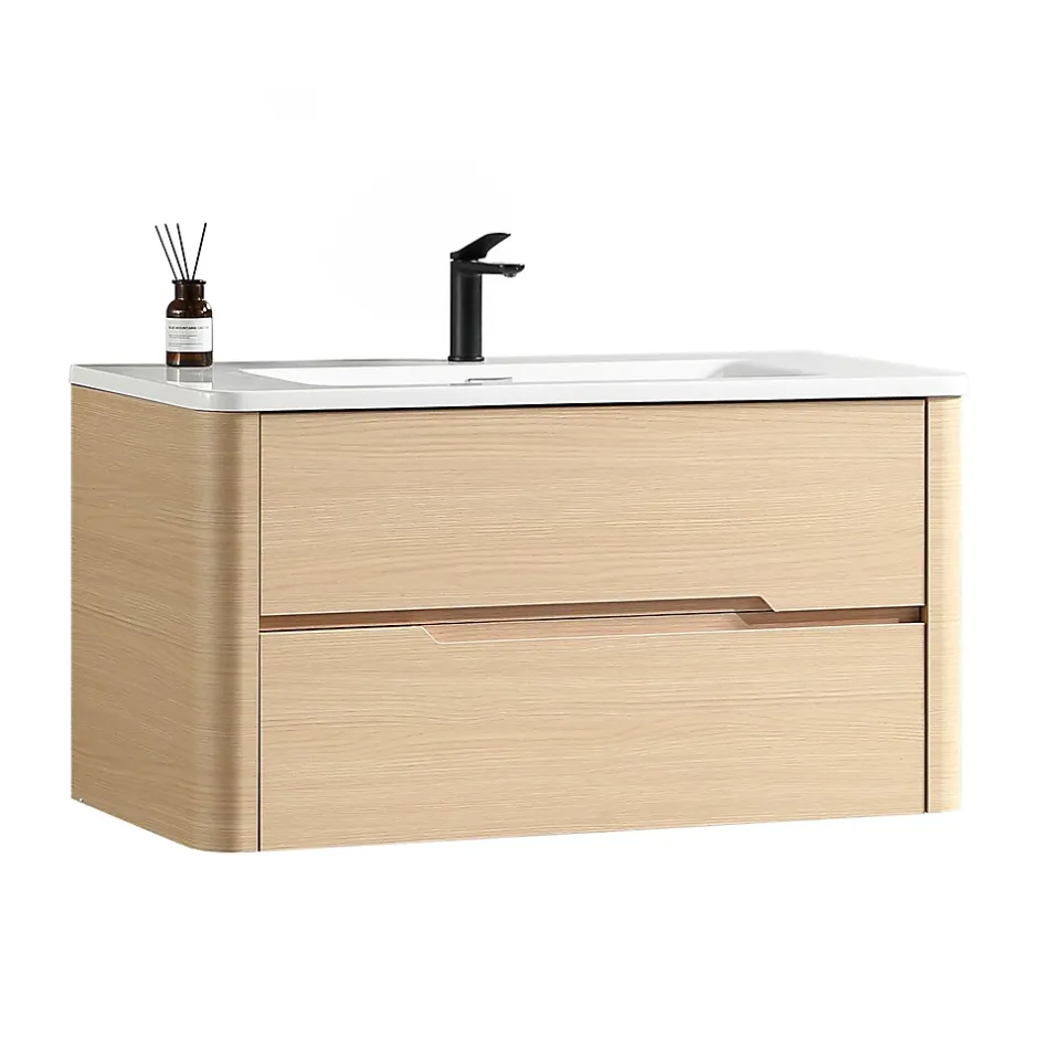 Jindoli Meuble de salle de bain avec vasque 100 cm effet chêne naturel Aquabale* Meuble Vasque