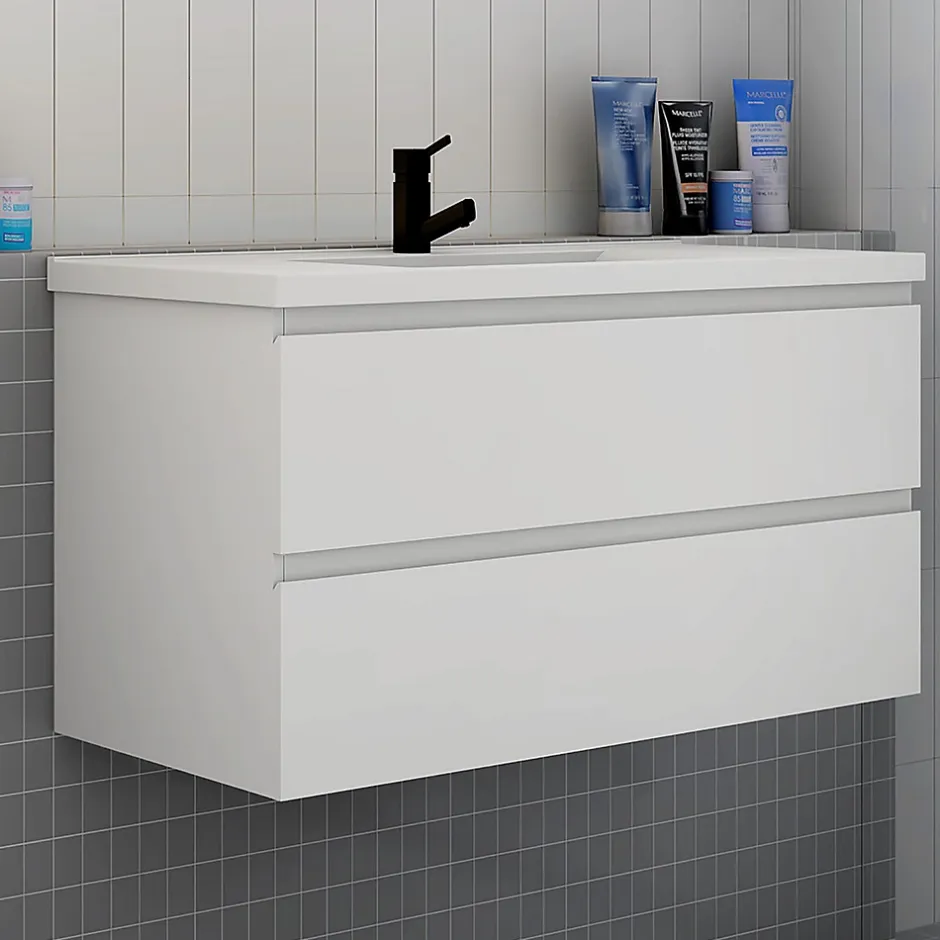 AICA Sanitaire Meuble de salle de bain avec vasque, 100 cm 2 tiroirs à fermeture amortie blanc, meuble suspendu* Meuble Vasque