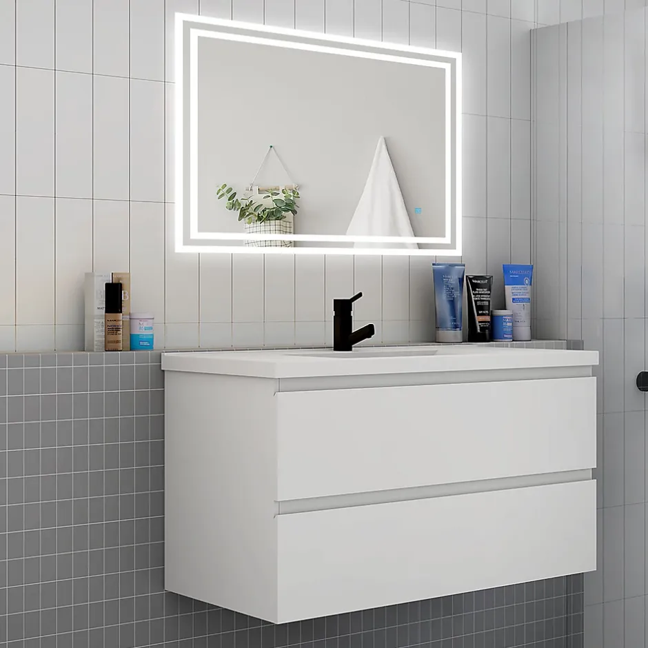 AICA Sanitaire Meuble de salle de bain avec vasque, 100 cm 2 tiroirs à fermeture amortie blanc, meuble suspendu* Meuble Vasque