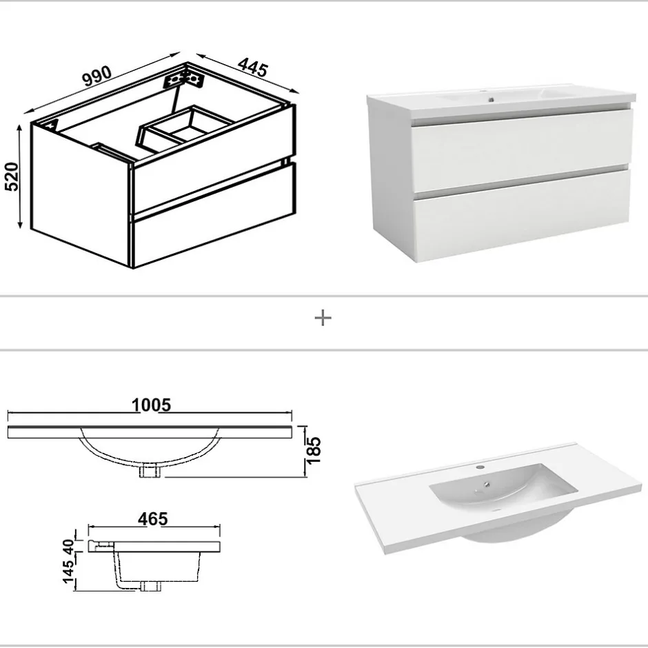 AICA Sanitaire Meuble de salle de bain avec vasque, 100 cm 2 tiroirs à fermeture amortie blanc, meuble suspendu* Meuble Vasque